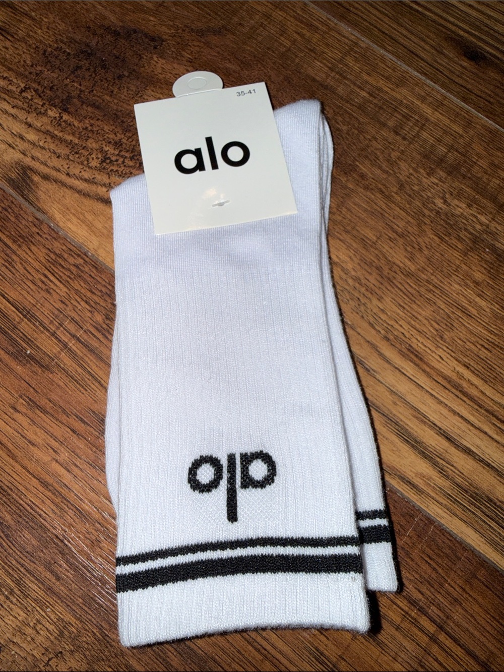 ALO Yoga White Crew Athletic Socks with Black Stripes
